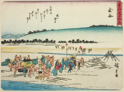 Kanaya, ze série "Padesát tři stanic Tokaida (Tokaido gojusan tsugi)," také známé jako Tokaido s básní (Kyoka iri Tokaido) od Utagawa Hiroshige