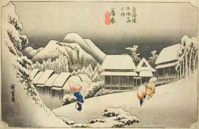 Kanbara: Večerní sníh (Kanbara, yoru no yuki), ze série "Padesát tři stanic Tokaida (Tokaido gojusan tsugi no uchi)", také známý jako Hoeido Tokaido od Utagawa Hiroshige