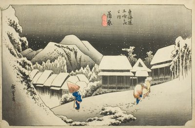 Kanbara: Večerní sníh (Kanbara, yoru no yuki), ze série "Padesát tři stanic Tokaida (Tokaido gojusan tsugi no uchi)", také známý jako Hoeido Tokaido od Utagawa Hiroshige