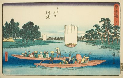 Kawasaki: The Rokugo Ferry (Kawasaki, Rokugo no watashi) – č. 3, ze série „Padesát tři stanic Tokaida (Tokaido gojusan tsugi)“, známé také jako Reisho Tokaido od Utagawa Hiroshige