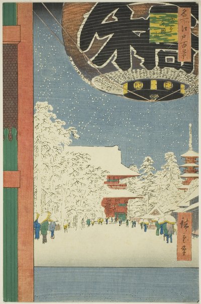 Kinryu zůstává MP v Asakusa (zůstává Asakusa Kinryu), ze série „Hřeben pro d re d fanet s Pohledy na Edo (Sto slavných památek Edo)“ od Utagawa Hiroshige