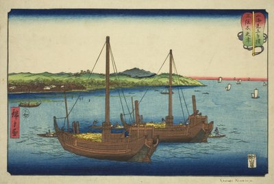 Kisarazu v provincii Kazusa (Kazusa Kisarazu), ze série „Zápasy mezi horami a moři (Sankai mitate zumo)“ od Utagawa Hiroshige