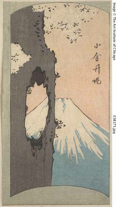 Koganei, část listu ze série "Vystřižené obrázky slavných míst v Edo (Edo meisho harimaze zue)" od Utagawa Hiroshige