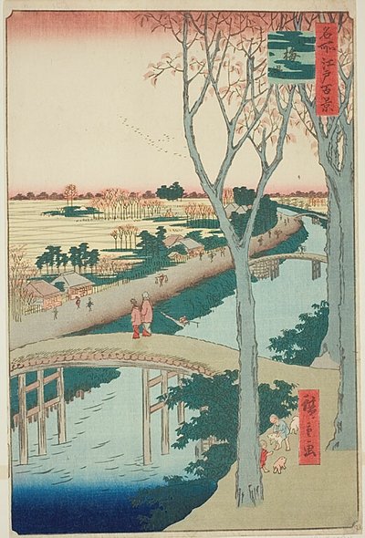 Nábřeží Koume (Koumezutsumi), č. 104 ze série "Sto slavných pohledů na Edo (Meisho Edo hyakkei)" od Utagawa Hiroshige