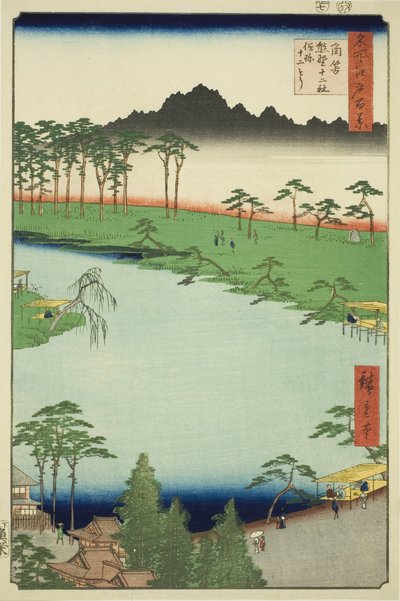 Svatyně Kumano Junisha v Tsunohazu, známá jako Juniso (Tsunohazu Kumano Junisha, zokusho Juniso), ze série „Sto slavných pohledů na Edo (Meisho Edo hyakkei)“ od Utagawa Hiroshige