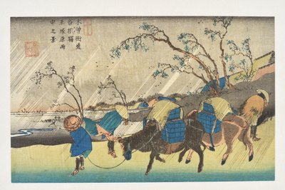 Kutsukake: Pohled na déšť nad planinou Hiratsuka ze série „69 stanic Kisokaidó“ od Utagawa Hiroshige