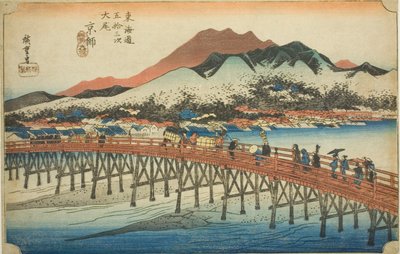 Kjóto: Velký most v Sanjo (Keishi, Sanjo ohashi), ze série "Padesát tři stanic Tokaida (Tokaido gojusan tsugi no uchi)", také známý jako Hoeido Tokaido od Utagawa Hiroshige