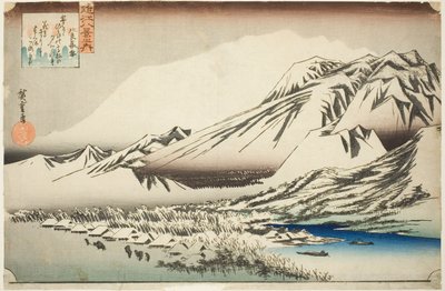 Přetrvávající sníh na hoře Hira (Hira no bosetsu), ze série „Osm pohledů na provincii Omi (Omi hakkei no uchi)“ od Utagawa Hiroshige