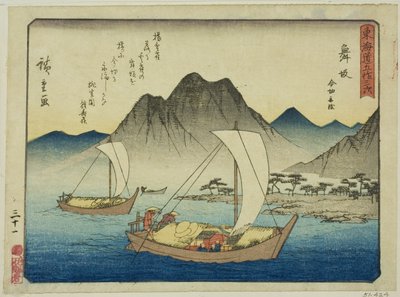 Maisaka: The Ferry at Imagiri (Maisaka, Imagiri funawatashi), ze série "Padesát tři stanic Tokaida (Tokaido gojusan tsugi)", také známé jako Tokaido s básní (Kyoka iri Tokaido) od Utagawa Hiroshige