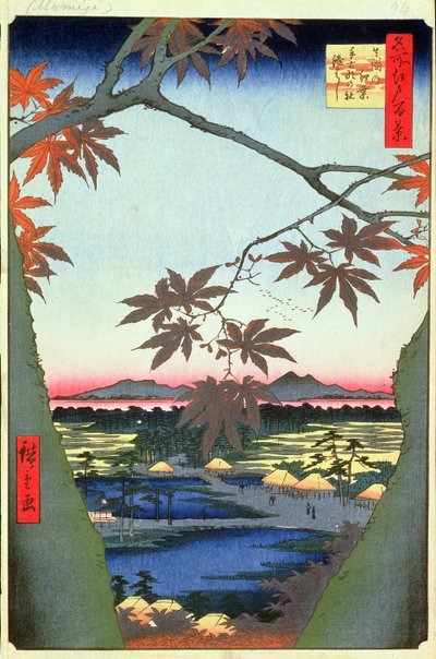 Maple Trees at Mam, Tekona Shrine and Linked Bridge, deska 94 ze série Sto pohledů na Edo, období Edo, éra Ansei, 1857 (dřevotisk) od Utagawa Hiroshige