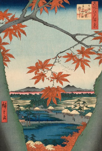 Javory u Mama, svatyně Tekona a most Tsugi (Mama no momiji, Tekona no yashiro, Tsugihashi), ze série „Sto slavných pohledů na Edo (Meisho Edo hyakkei)“ od Utagawa Hiroshige
