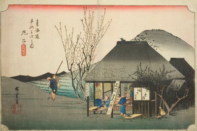 Mariko: Slavná čajovna (Mariko, meibutsu chamise), ze série „Padesát tři stanic tokaidské silnice (Tokaido gojusan tsugi no uchi), také známá jako Hoeido Tokaido od Utagawa Hiroshige