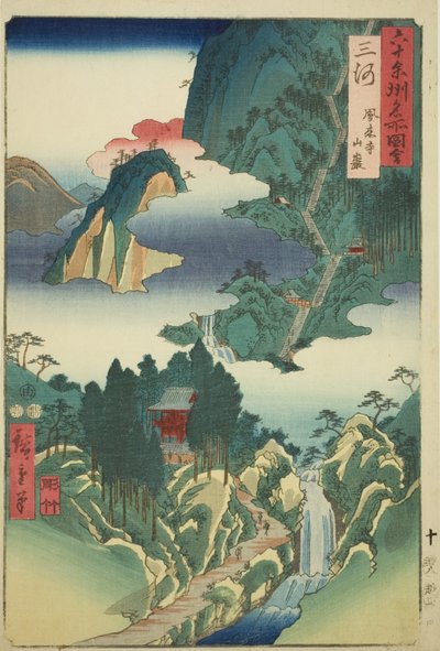 Provincie Mikawa: Chrám Horai v horách (Mikawa, Horaiji sangan), ze série „Slavná místa v šedesáti lichých provinciích (Rokujuyoshu meisho zue)“ od Utagawa Hiroshige