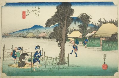 Minakuchi: Sušené tykevové hobliny, místní specialita (Minakuchi, meibutsu kanpyo), ze série „Padesát tři stanic Tokaida (Tokaido gojusan tsugi no uchi), známé také jako Hoeido Tokaido od Utagawa Hiroshige