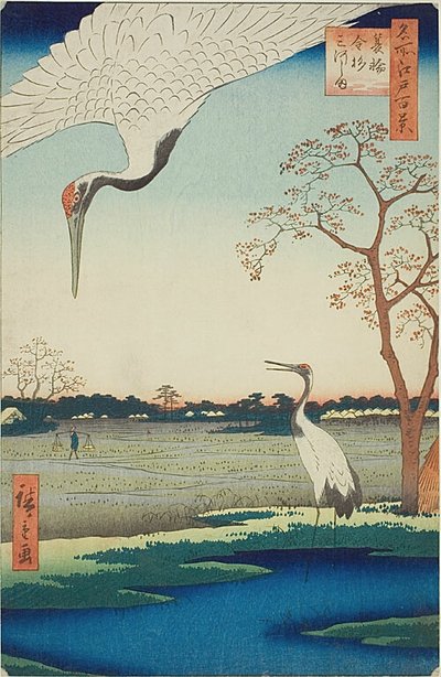 Minowa, Kanasugi, Mikawašima, č. 102 ze série "Sto slavných pohledů na Edo (Meisho Edo hyakkei)". od Utagawa Hiroshige
