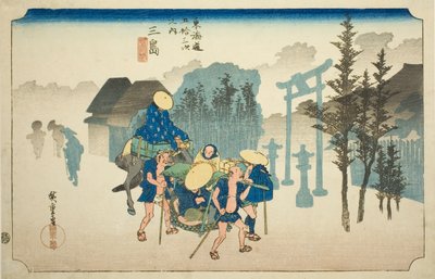 Mishima: Ranní mlha (Mishima, asagiri), ze série "Padesát tři zastávek na Tokaidské silnici (Tokaido gojusan tsugi no uchi)", také známé jako Hoeido Tokaido od Utagawa Hiroshige