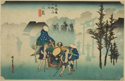 Mishima: Ranní mlha (Mishima, asagiri), ze série "Padesát tři zastávek na Tokaidské silnici (Tokaido gojusan tsugi no uchi)", také známé jako Hoeido Tokaido od Utagawa Hiroshige