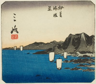 Mishima, část listu č. 3 ze série "Vystřižené obrázky Tokaida (Tokaido harimaze zue)" od Utagawa Hiroshige