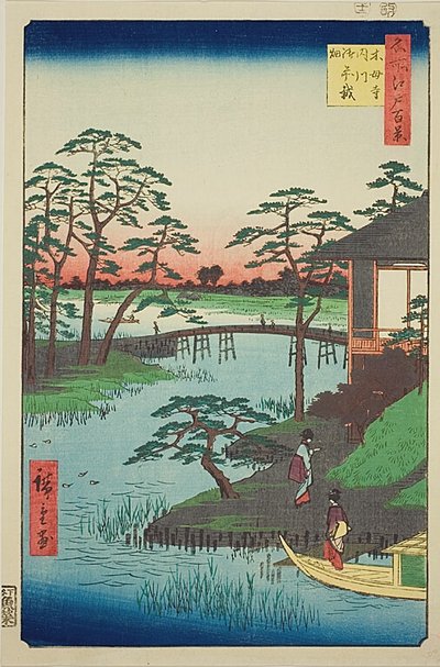 Chrám Mokubo, záliv Uchigawa, Gozensaihata (Mokuboji Uchigawa Gozensaihata), č. 92 ze série "Sto slavných pohledů na Edo (Meisho Edo hyakkei)" od Utagawa Hiroshige