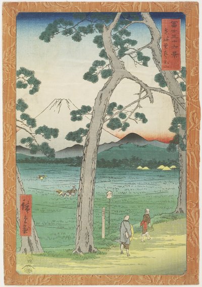 Hora Fudži vlevo při pohledu ze silnice To_kaido, duben 1858 od Utagawa Hiroshige