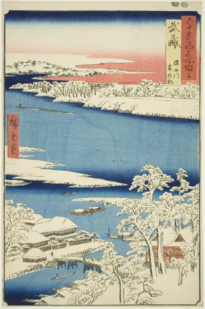 Provincie Musashi: Ráno po sněhu na řece Sumida (Musashi, Sumidagawa yuki no ashita), ze série „Slavná místa v šedesáti lichých provinciích (Rokujuyoshu meisho zue)“ od Utagawa Hiroshige