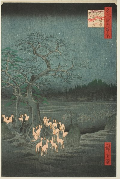 Silvestrovská liška střílí u měnícího se stromu (Ōji shozoku enoki omisoka no kitsunebi), ze série Sto slavných pohledů na Edo (Meisho Edo hyakkei) od Utagawa Hiroshige