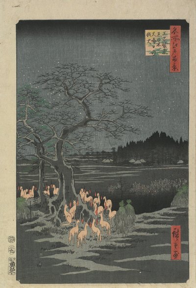 Silvestrovské ohně u ostružiníku v O_ji, 1857 od Utagawa Hiroshige
