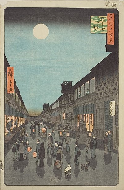 Noční pohled na Saruwaka-machi (Saruwaka-machi yoru no kei), č. 90 ze série "Sto slavných pohledů na Edo (Meisho Edo hyakkei)". od Utagawa Hiroshige