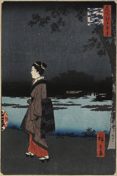 Noční pohled na kanál Sanya, kopec Matsuchi, srpen 1857 od Utagawa Hiroshige