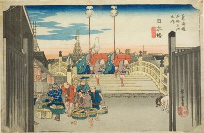 Most Nihon: Ranní scéna (Nihonbashi, asa no kei), ze série „Padesát tři zastávek na Tokaidské silnici (Tokaido gojusan tsugi no uchi), také známé jako Hoeido Tokaido od Utagawa Hiroshige