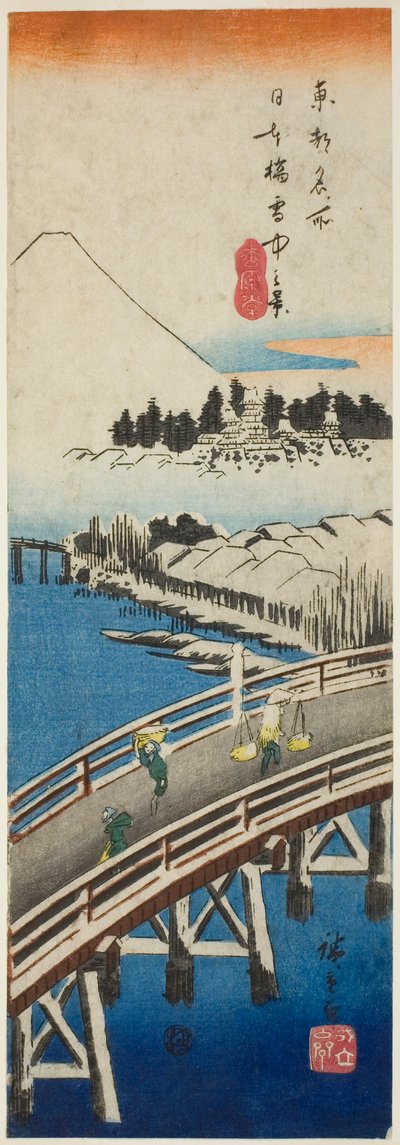 Most Nihon viděný ve sněhu (Nihonbashi setchu no kei), ze série „Slavné výhledy ve východním hlavním městě (Toto meisho)“ od Utagawa Hiroshige