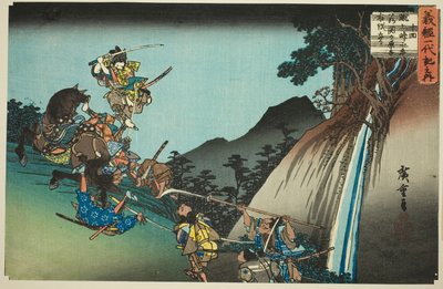č. 10: Ushiwaka porazí Sekigahara Yoichi v Keage Mountain Pass (Jukkai, Keage toge ni Ushiwaka Sekigahara Yoichi uchikiru), ze série "Život Yoshitsune (Yoshitsune ichidaiki no uchi)" od Utagawa Hiroshige