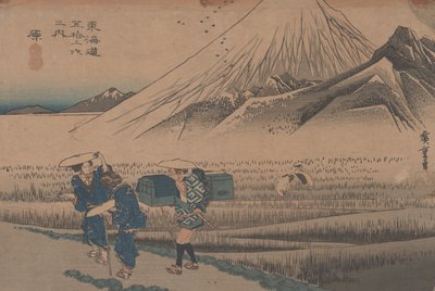 č. 14 „Hara: Mount Fuji in the Morning“ z 53 stanic Tokaida, kolem roku 1833 od Utagawa Hiroshige