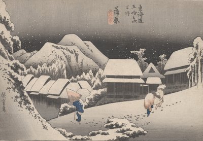 č. 16 „Noční sníh“ z 53 stanic Tokaida, kolem roku 1833 od Utagawa Hiroshige