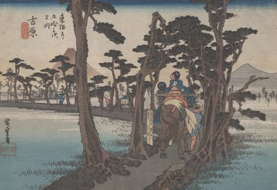 č. 16 „Yoshiwara: Fuji on the Left“ z 53 stanic Tokaida, kolem roku 1833 od Utagawa Hiroshige
