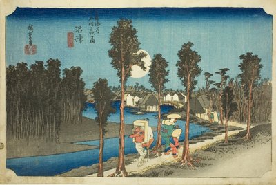 Numazu—Dusk (Numazu—tasogare zu), ze série Padesát tři zastávek na silnici Tōkaidō (Tōkaidō gojūsan tsugi no uchi) od Utagawa Hiroshige