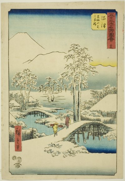 Numazu: Hora Fuji a hora Ashigara za jasného počasí po sněhu, ne. 13 (Numazu, Ashigarayama Fuji no yukibare), ze série „Slavné památky padesáti tří stanic (Gojusan tsugi meisho zue)“, známé také jako Vertikální Tokaido od Utagawa Hiroshige