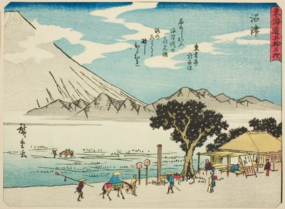 Numazu, ze série "Padesát tři stanic Tokaida (Tokaido gojusan tsugi)," také známé jako Tokaido s básní (Kyoka iri Tokaido) od Utagawa Hiroshige