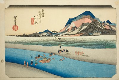 Odawara: Řeka Sakawa (Odawara, Sakawagawa), ze série „Padesát tři zastávek na Tokaidské silnici (Tokaido gojusan tsugi no uchi)“, také známé jako Hoeido Tokaido od Utagawa Hiroshige