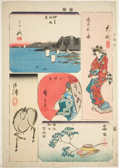 Oiso, Odawara, Hakone, Mishima, and Numazu, no. 3 from the series "Cutout Pictures of the Tokaido (Tokaido harimaze zue)" od Utagawa Hiroshige