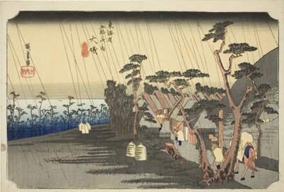 Oiso: Oiso, Tora ga ame, ze série "Padesát tři zastavení cesty Tokaido (Tokaido gojusan tsugi no uchi)", známé také jako Hoeido Tokaido. od Utagawa Hiroshige
