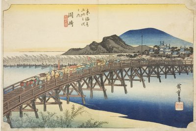 Okazaki: Most Yahagi (Okazaki, Yahagi no hashi), ze série „Padesát tři stanic Tokaida (Tokaido gojusan tsugi no uchi)“, také známý jako Hoeido Tokaido od Utagawa Hiroshige