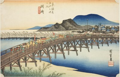 Okazaki: Most Yahagi (Okazaki, Yahagi no hashi), ze série „Padesát tři stanic Tokaida (Tokaido gojusan tsugi no uchi)“, také známý jako Hoeido Tokaido od Utagawa Hiroshige