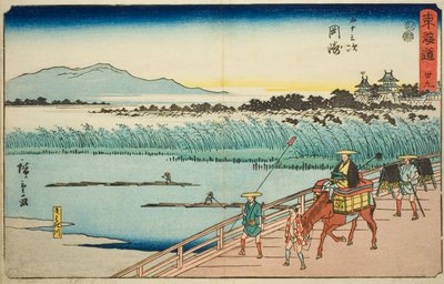 Okazaki: Řeka Yahagi (Okazaki, Yahagigawa) – č. 39, ze série „Padesát tři stanic Tokaida (Tokaido gojusan tsugi)“, známé také jako Reisho Tokaido od Utagawa Hiroshige