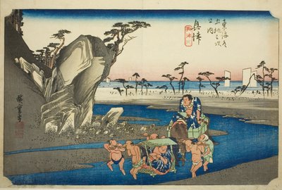 Okitsu: Řeka Okitsu (Okitsu, Okitsugawa), ze série „Padesát tři zastávek na Tokaidské silnici (Tokaido gojusan tsugi no uchi)“, také známé jako Hoeido Tokaido od Utagawa Hiroshige