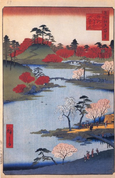 Otevřená zahrada u svatyně Hachiman ve Fukagawě. Sto slavných pohledů na Edo, c. 1858 od Utagawa Hiroshige
