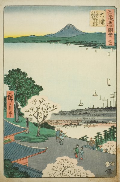 Otsu: Vzdálený pohled na Otsu a jezero z Kannon Hall of Mii Temple (Otsu, Miidera Kannondo Yori Otsu No Machi Kosui Chobo), no. 54 ze série „Slavné památky padesáti tří stanic (Gojusan Tsugi Meisho Zue)“, známé také jako Vertical To od Utagawa Hiroshige