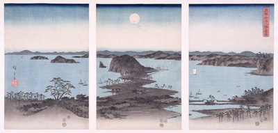 Panorama pohledů na Kanazawu za úplňku, ze série „Sníh, měsíc a květiny“, 1857 (dřevotisk) od Utagawa Hiroshige