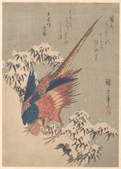 Bažant mezi sněhem obtíženými bambusy na svahu od Utagawa Hiroshige
