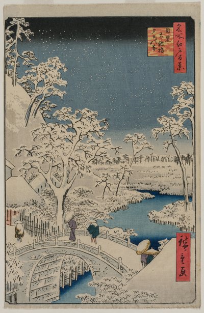 Obrázek Twilight at the Drum Bridge v Meguro, ze série 100 pohledů na známá místa v Edu od Utagawa Hiroshige